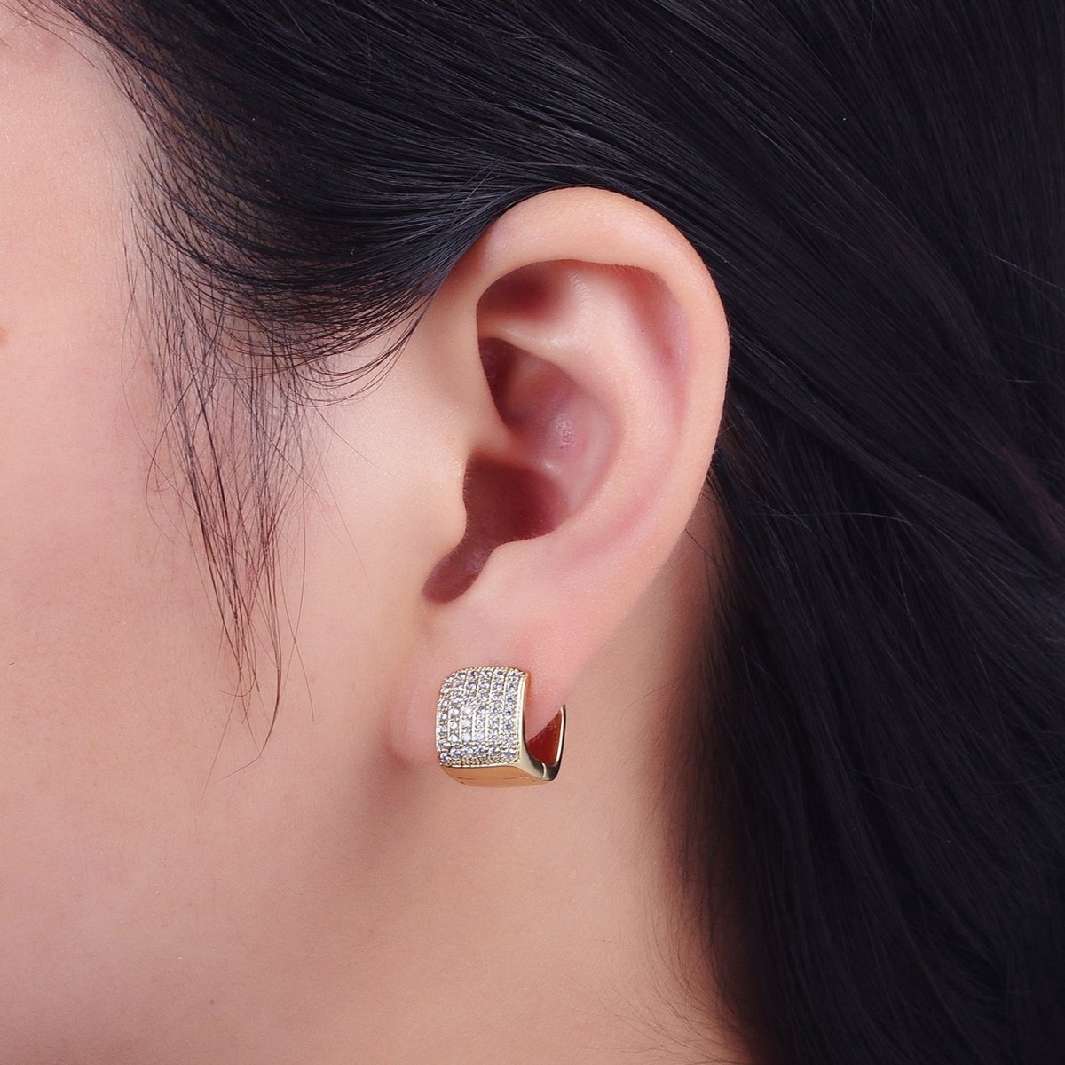 Micro Paved CZ Wide Boxy Geometric Gold Huggie Hoops | Y-055 - DLUXCA