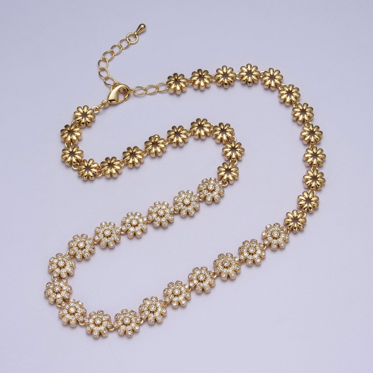 Micro Paved Daisy Flower Mother Nature Flower CZ Link Chain 16 Inch Choker Necklace | WA-1089 Clearance Pricing - DLUXCA