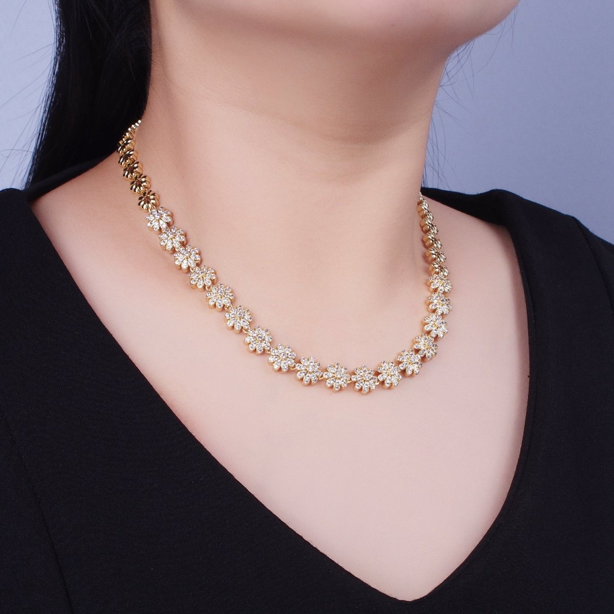 Micro Paved Daisy Flower Mother Nature Flower CZ Link Chain 16 Inch Choker Necklace | WA-1089 Clearance Pricing - DLUXCA