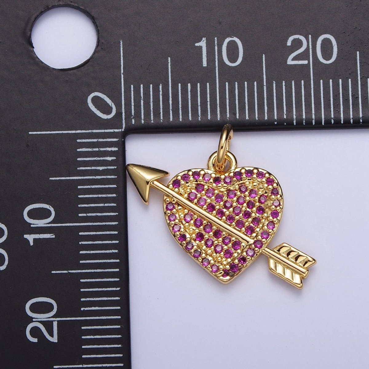 Micro Paved Fuchsia/Clear CZ Arrow Heart Gold Charm Valentine Pendant | C-791
