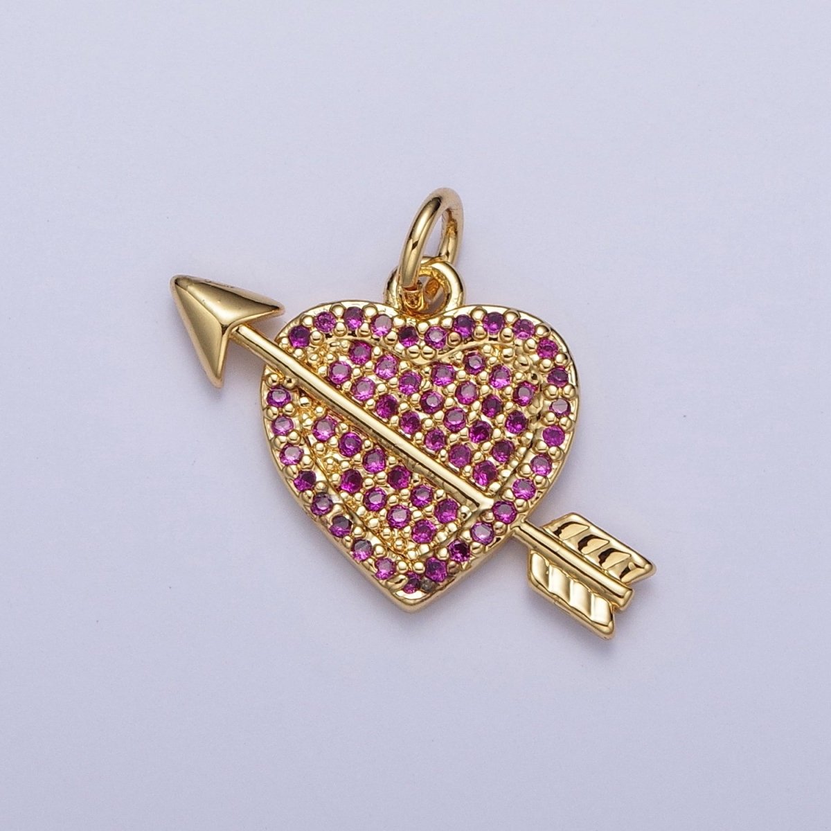 Micro Paved Fuchsia/Clear CZ Arrow Heart Gold Charm Valentine Pendant | C-791