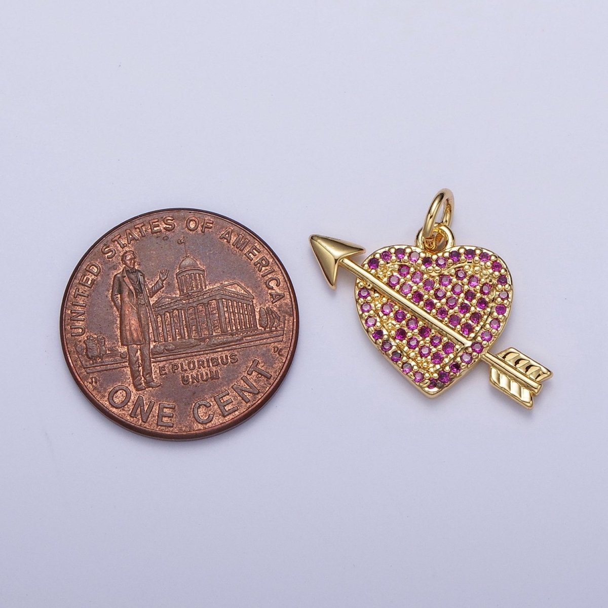 Micro Paved Fuchsia/Clear CZ Arrow Heart Gold Charm Valentine Pendant | C-791