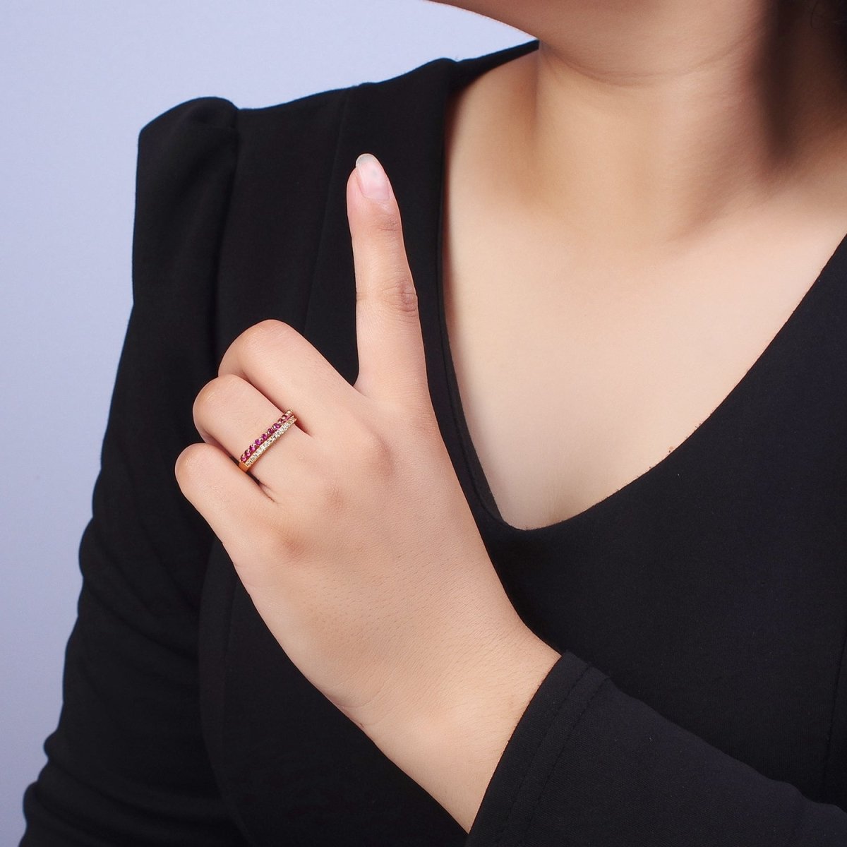 Micro Paved Fuchsia & Green Cubic Zirconia Minimalist Adjustable Gold Ring | X-588 - DLUXCA