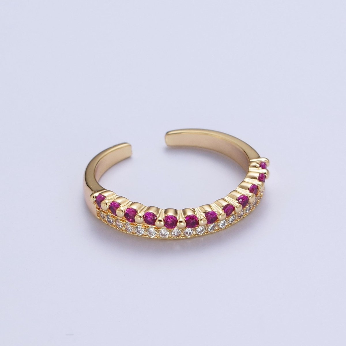 Micro Paved Fuchsia & Green Cubic Zirconia Minimalist Adjustable Gold Ring | X-588 - DLUXCA