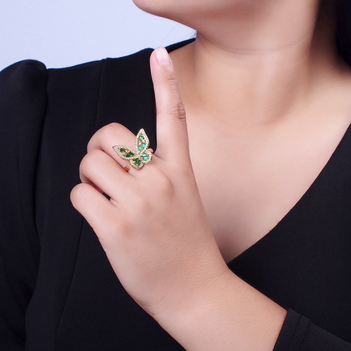Micro Paved Gold Green Baguette Mariposa Butterfly Adjustable Ring | Y-361 - DLUXCA