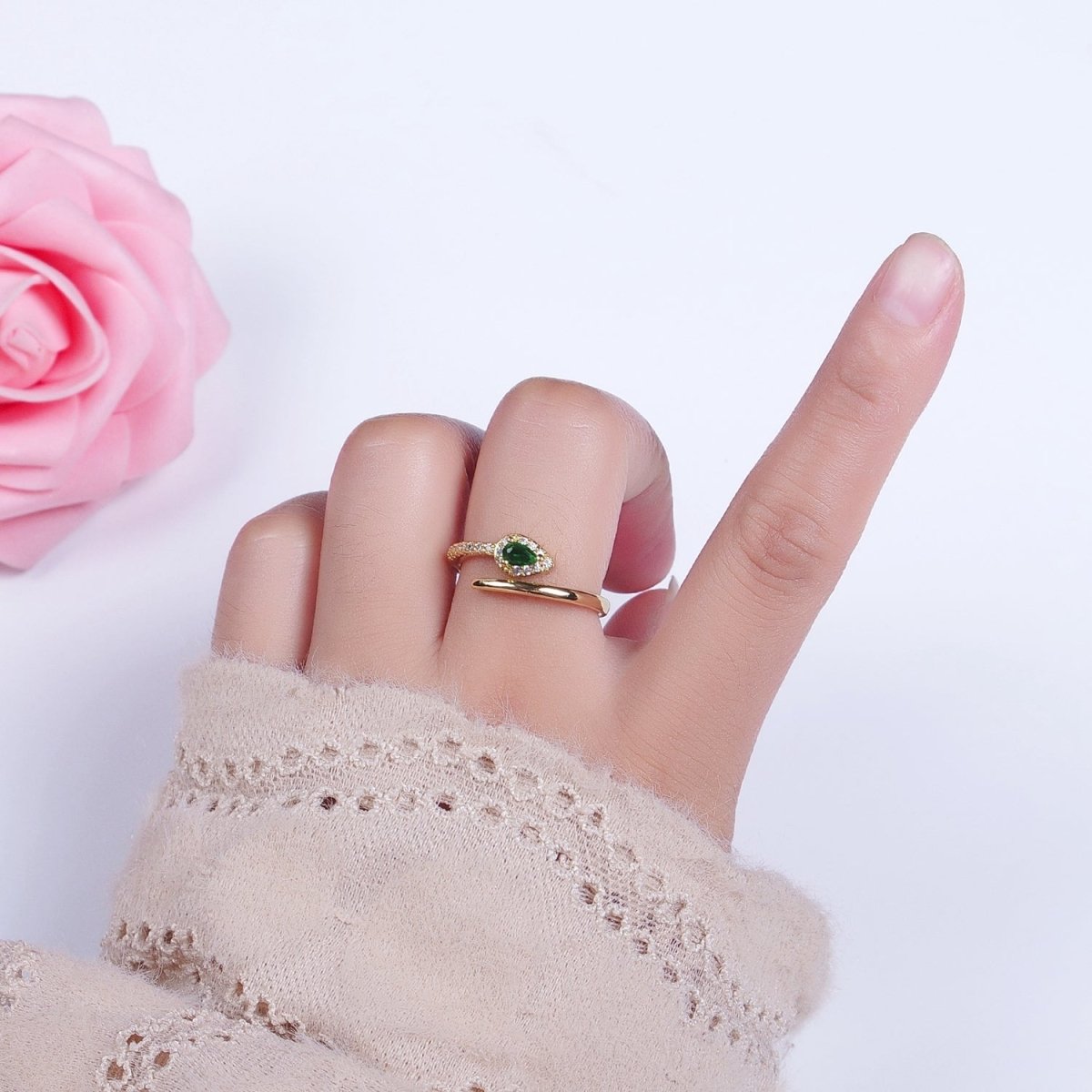 Micro Paved Green Teardrop CZ Minimalist Adjustable Ring | Y-362 - DLUXCA