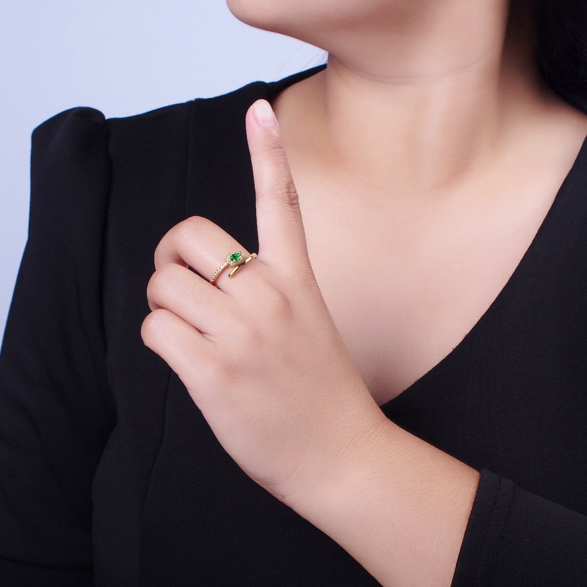 Micro Paved Green Teardrop CZ Minimalist Adjustable Ring | Y-362 - DLUXCA