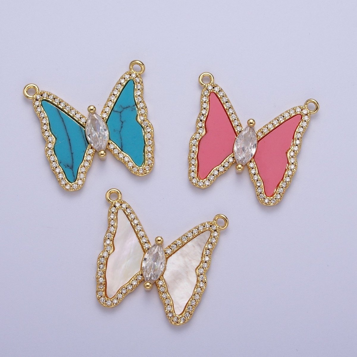 Micro Paved Marquise CZ Natural Gemstone Pink, Turquoise, Shell Pearl Butterfly Mariposa Wings Connector | F-066 F-103 F-781