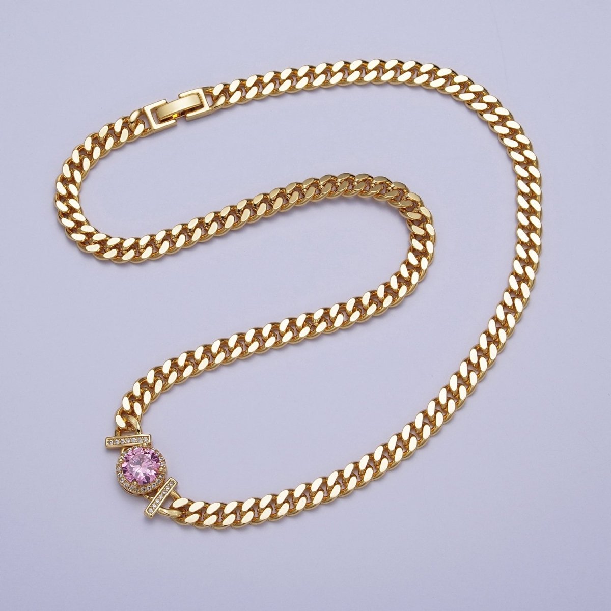 Micro Paved Round Cubic Zirconia Stones Gold Cuban Curb Chain Necklace | WA-1098 - WA-1104 Clearance Pricing