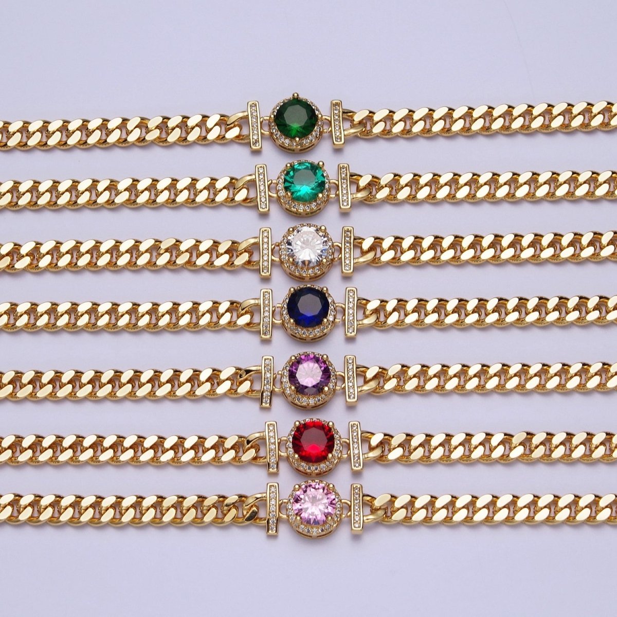 Micro Paved Round Cubic Zirconia Stones Gold Cuban Curb Chain Necklace | WA-1098 - WA-1104 Clearance Pricing