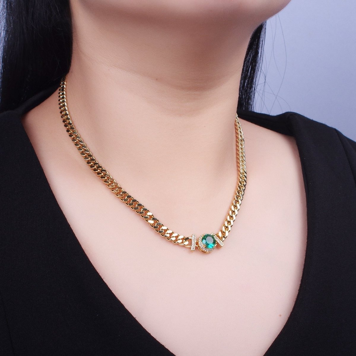 Micro Paved Round Cubic Zirconia Stones Gold Cuban Curb Chain Necklace | WA-1098 - WA-1104 Clearance Pricing