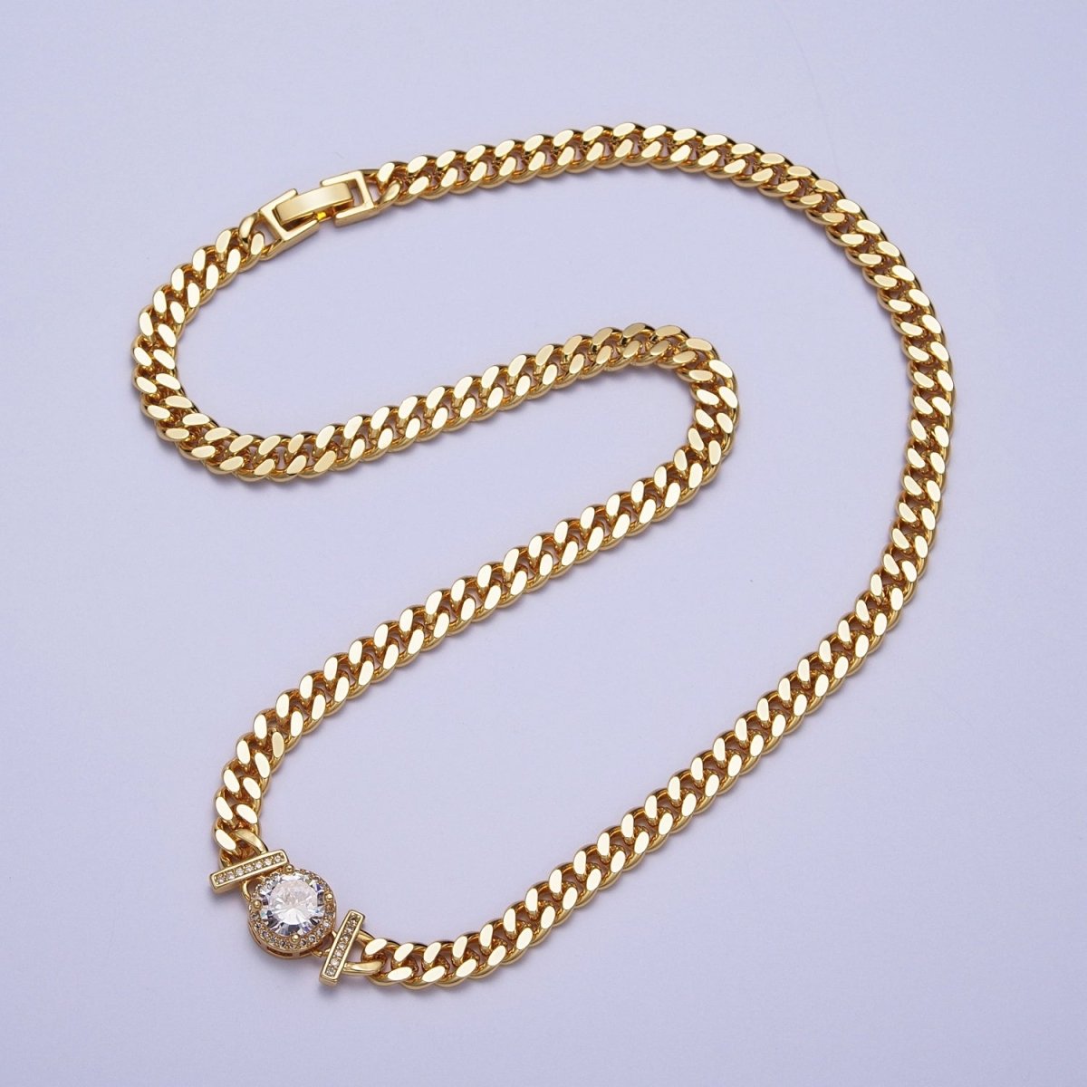Micro Paved Round Cubic Zirconia Stones Gold Cuban Curb Chain Necklace | WA-1098 - WA-1104 Clearance Pricing