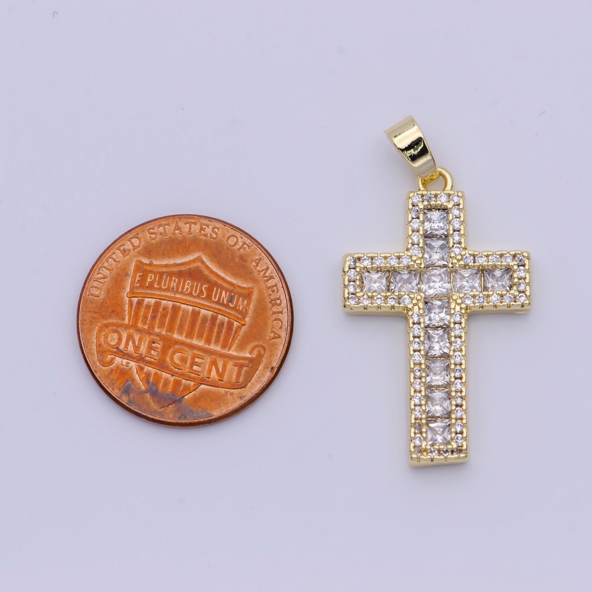 Micro Paved Square Cubic Zirconia Gold Religious Cross Pendant | X-497 - DLUXCA