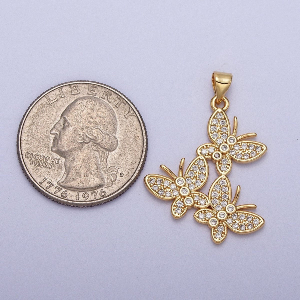 Micro Paved Three Butterfly Mariposa Gold Pendant H-812 - DLUXCA