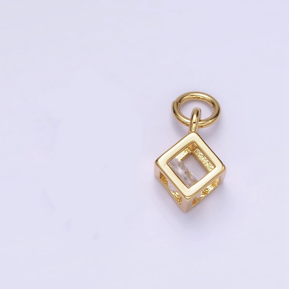 Mini 14K Gold Filled Cube Charm Geometric Pendant with Clear Cz Stone | W508