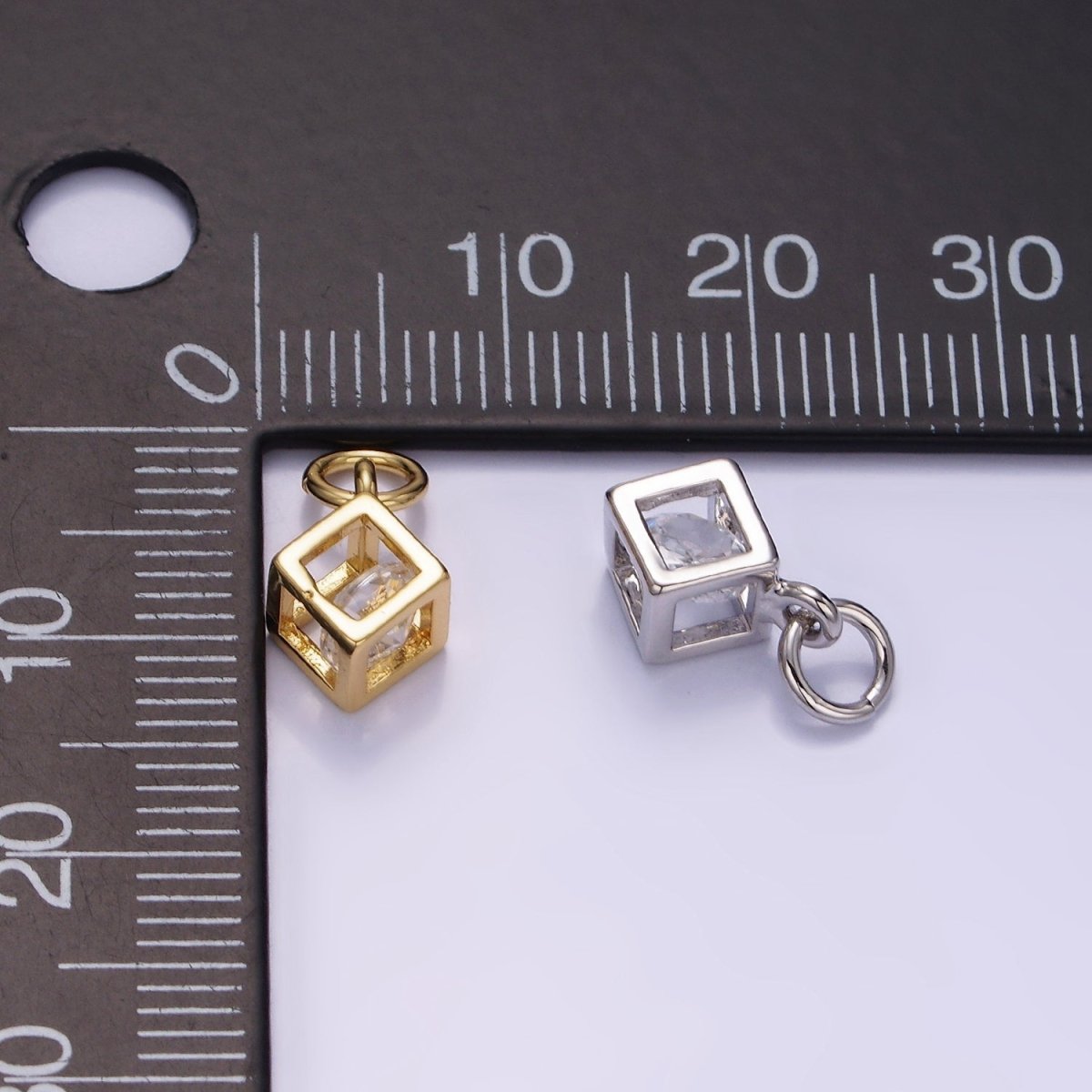 Mini 14K Gold Filled Cube Charm Geometric Pendant with Clear Cz Stone | W508