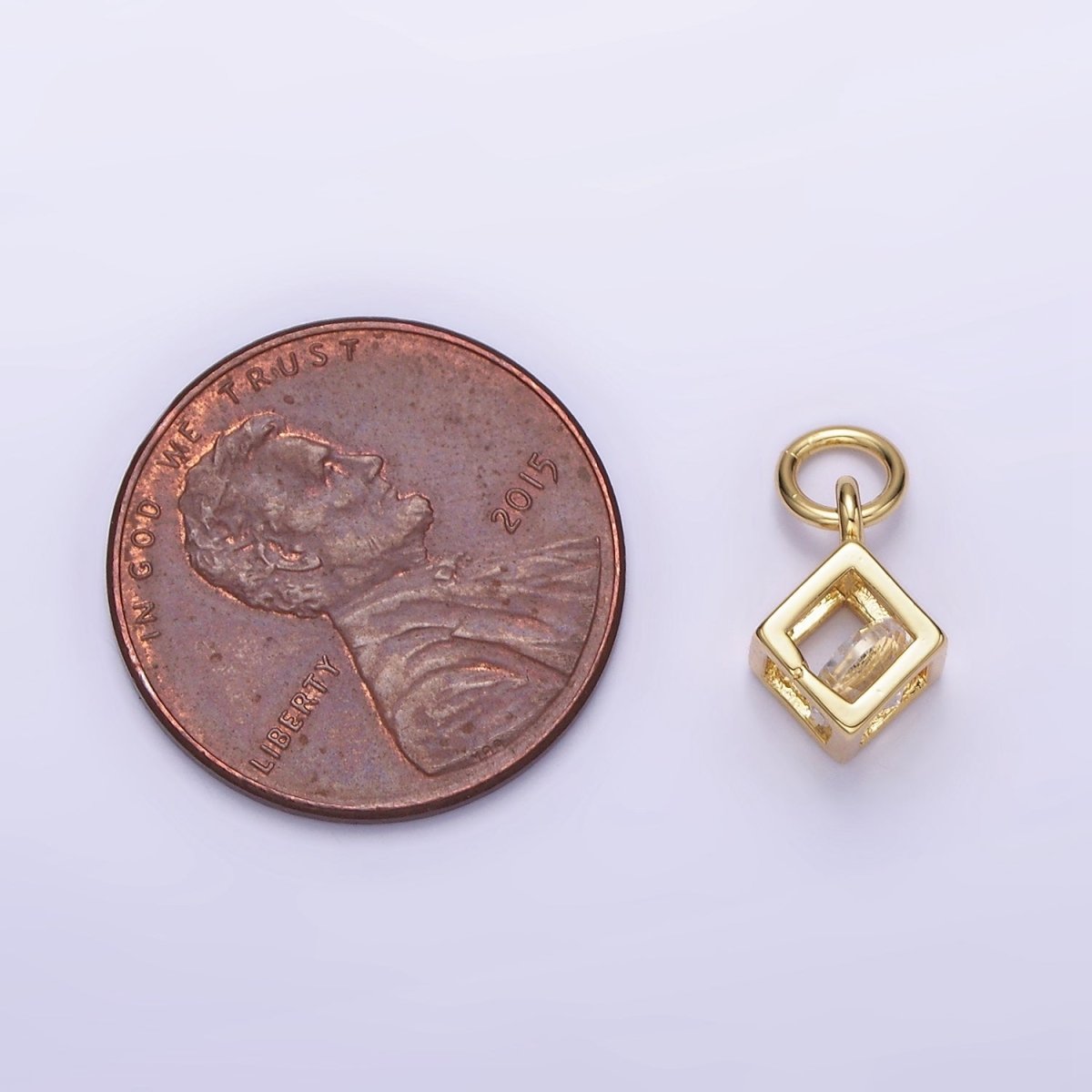 Mini 14K Gold Filled Cube Charm Geometric Pendant with Clear Cz Stone | W508