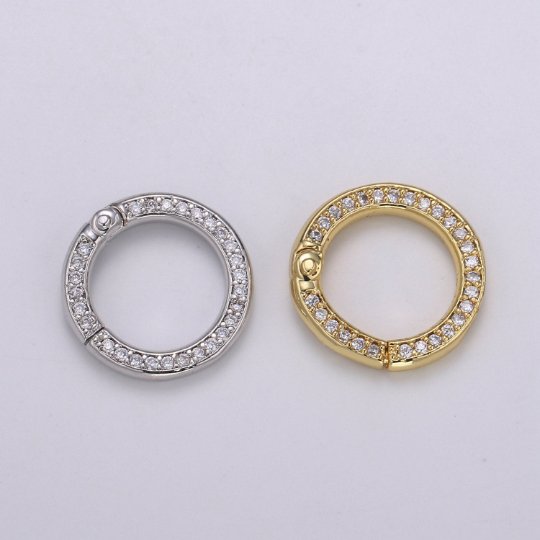 Mini 14k Gold Filled, Silver Full Pave Cz Round Pull Gate Ring Clasp 15mm Cubic Circle for Link Connector Thickness 2.3mm Jewelry Supply K-103 K-104