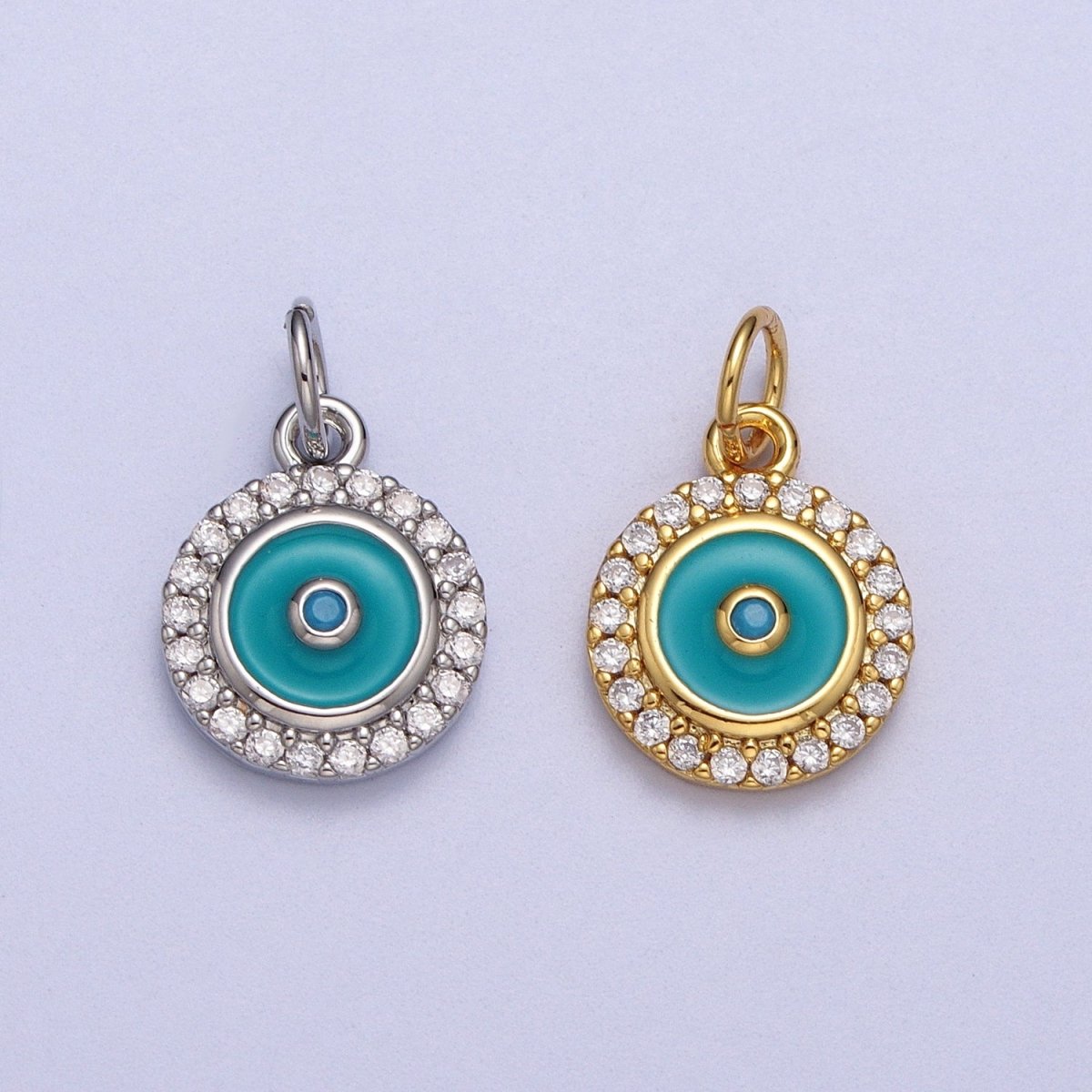 Mini 18K Gold Filled Round Evil Eye Pendant Teal Evil Eye Charm with Cubic Zirconia Stone AC555 AC556