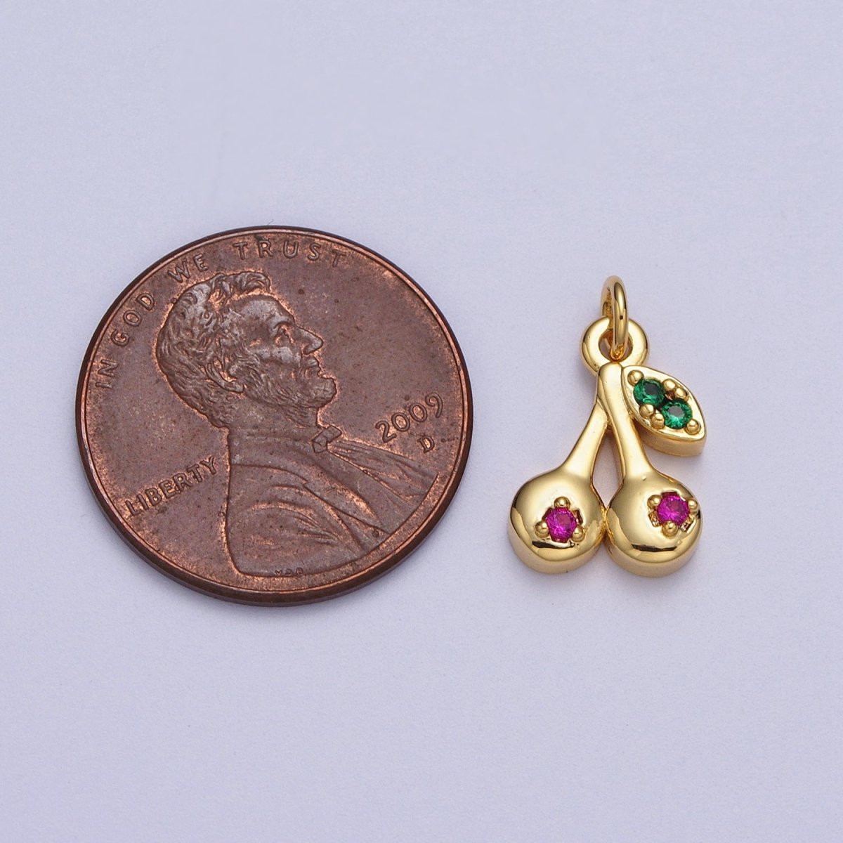 Mini 24k Gold Filled Cherry Charm, CZ Micro Pave Cherry Charm Pave Fruit Charm - AC026