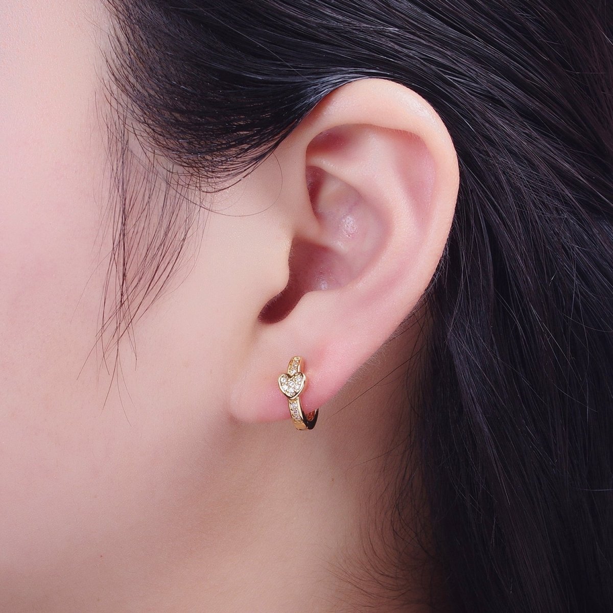 Mini 24K Gold Filled Heart Huggie Earrings Micro Paved Cubic Zirconia Hoops For Valentine Gift T-029