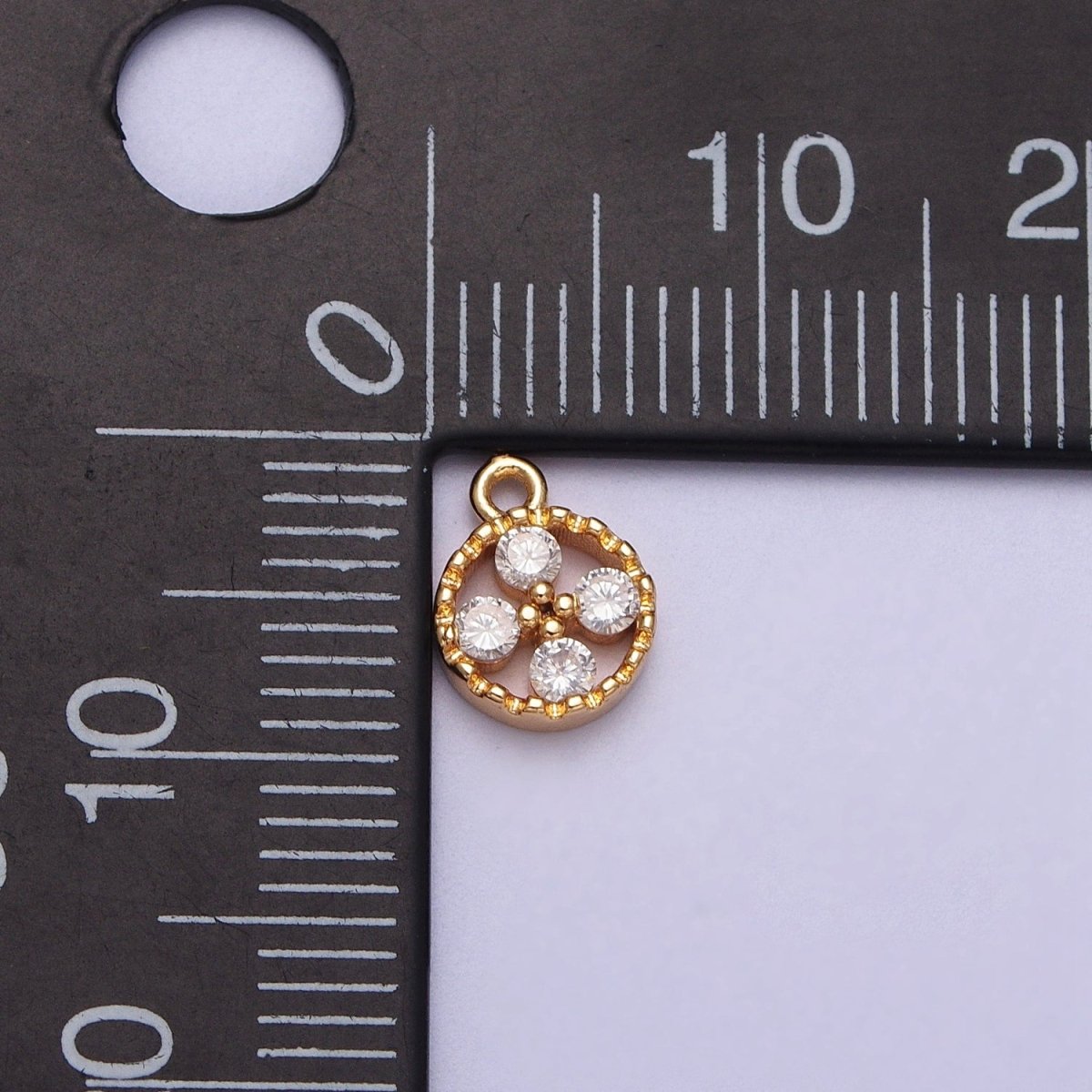Mini Clear Cubic Zirconia Quatrefoil Open Round Gold Charm E-512 - DLUXCA