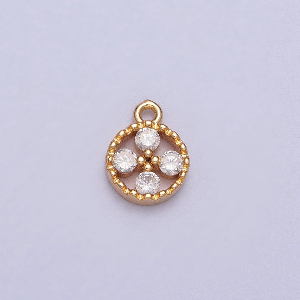 Mini Clear Cubic Zirconia Quatrefoil Open Round Gold Charm E-512 - DLUXCA