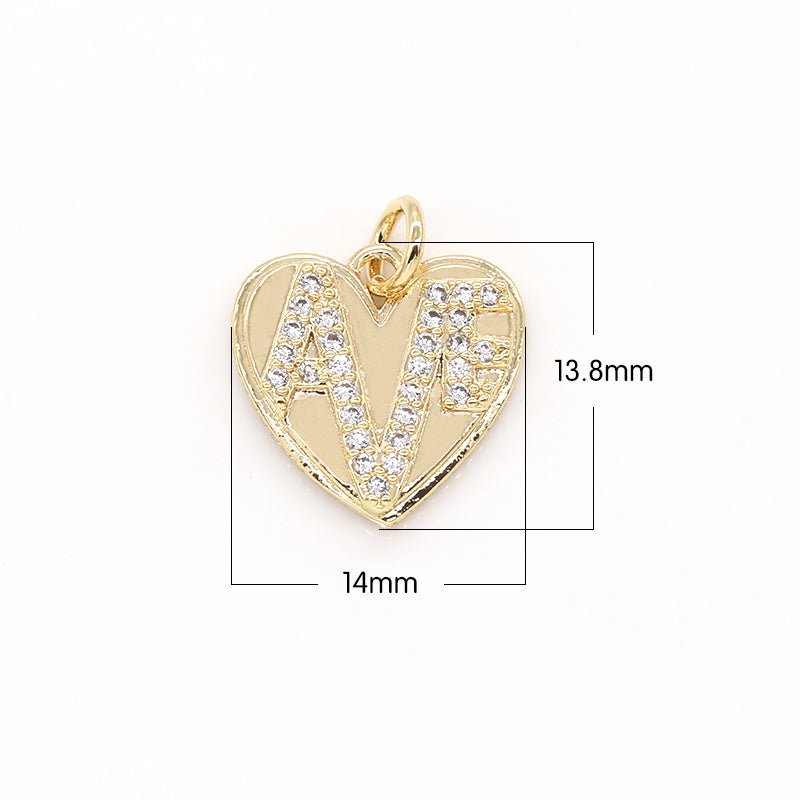 Mini Crystals on Golden Heart Coin Charm CZ Lover Zirconia Writing Heart Charm Pendant GP-713