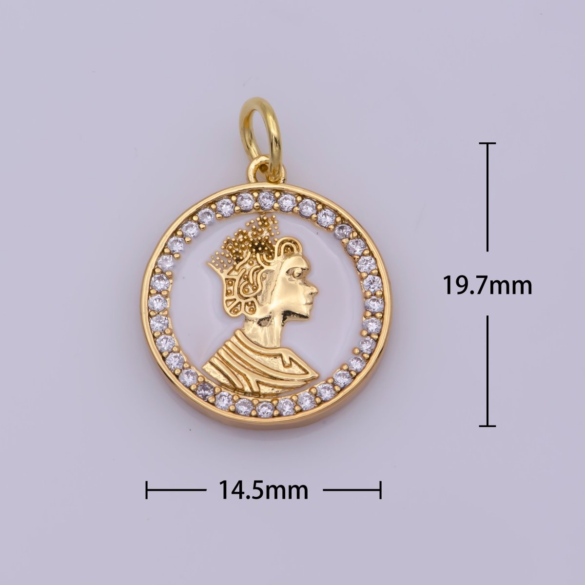Mini English Queen Elizabeth coin medal 18k Gold Filled coin Charm Micro Pave Enamel White Charm N-199 - DLUXCA