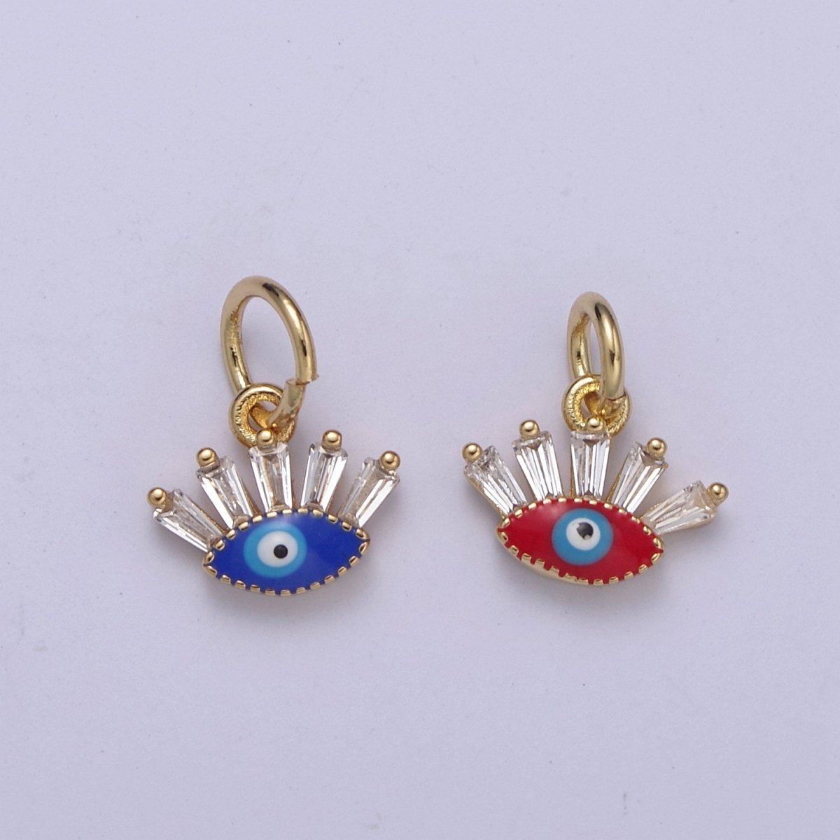 Mini Evil Eye Charm with Baguette CZ 24k Gold Filled eye Charm, Zircon Tiny Amulet Charm, Religious Bracelet Necklace Earring add on Charm Blue Red Enamel C-445