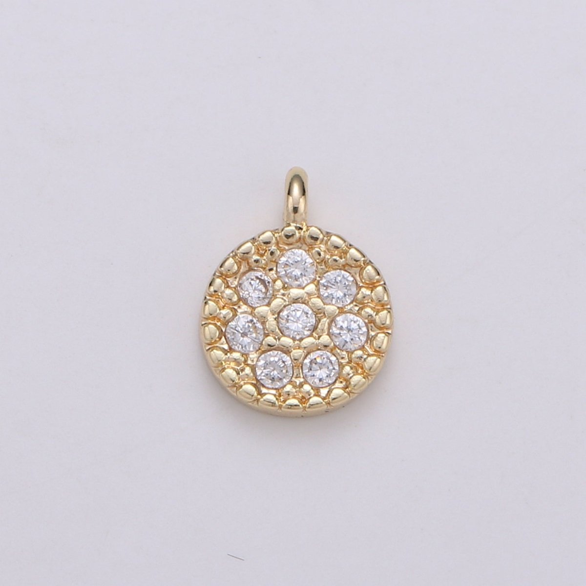 Mini Geometric Charm 18K Gold Filled Round Disc Pendant, Micro Pave CZ Dainty Pave Disc Charm, Cubic Zirconia, D-877 - DLUXCA