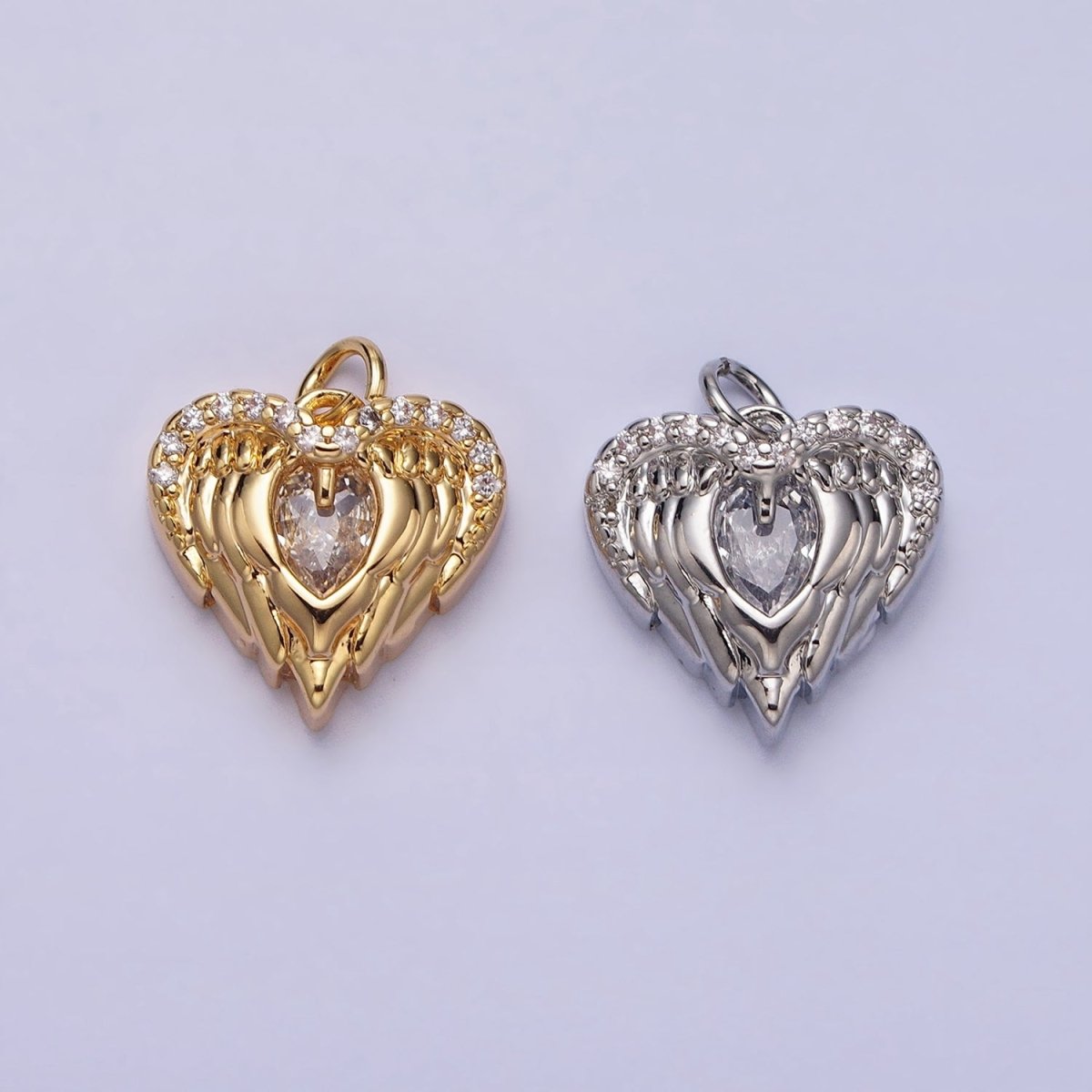 Mini Gold Angel Wing Charm with CZ Oval Stone Heart Guardian Angel Pendant AC494 AC495