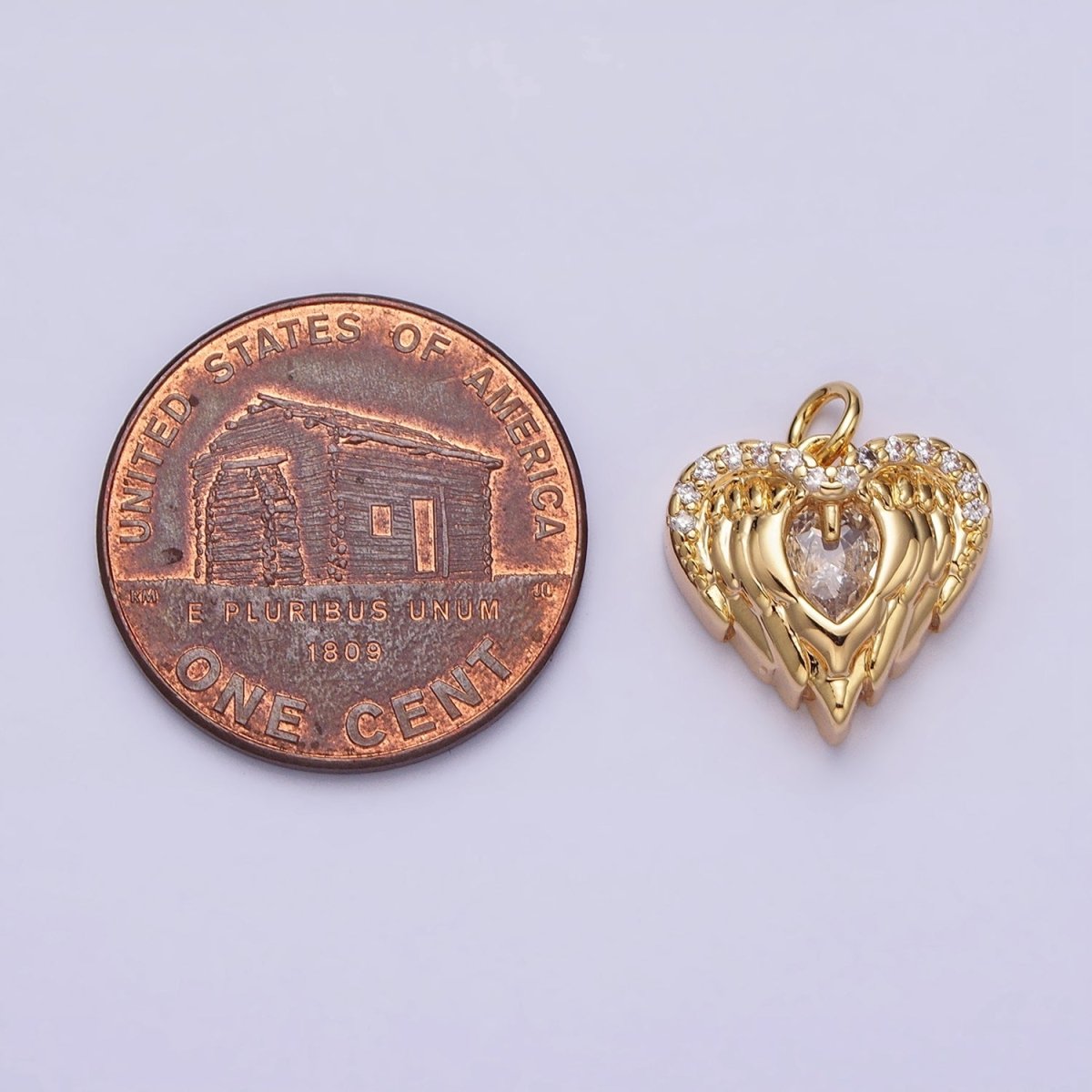 Mini Gold Angel Wing Charm with CZ Oval Stone Heart Guardian Angel Pendant AC494 AC495