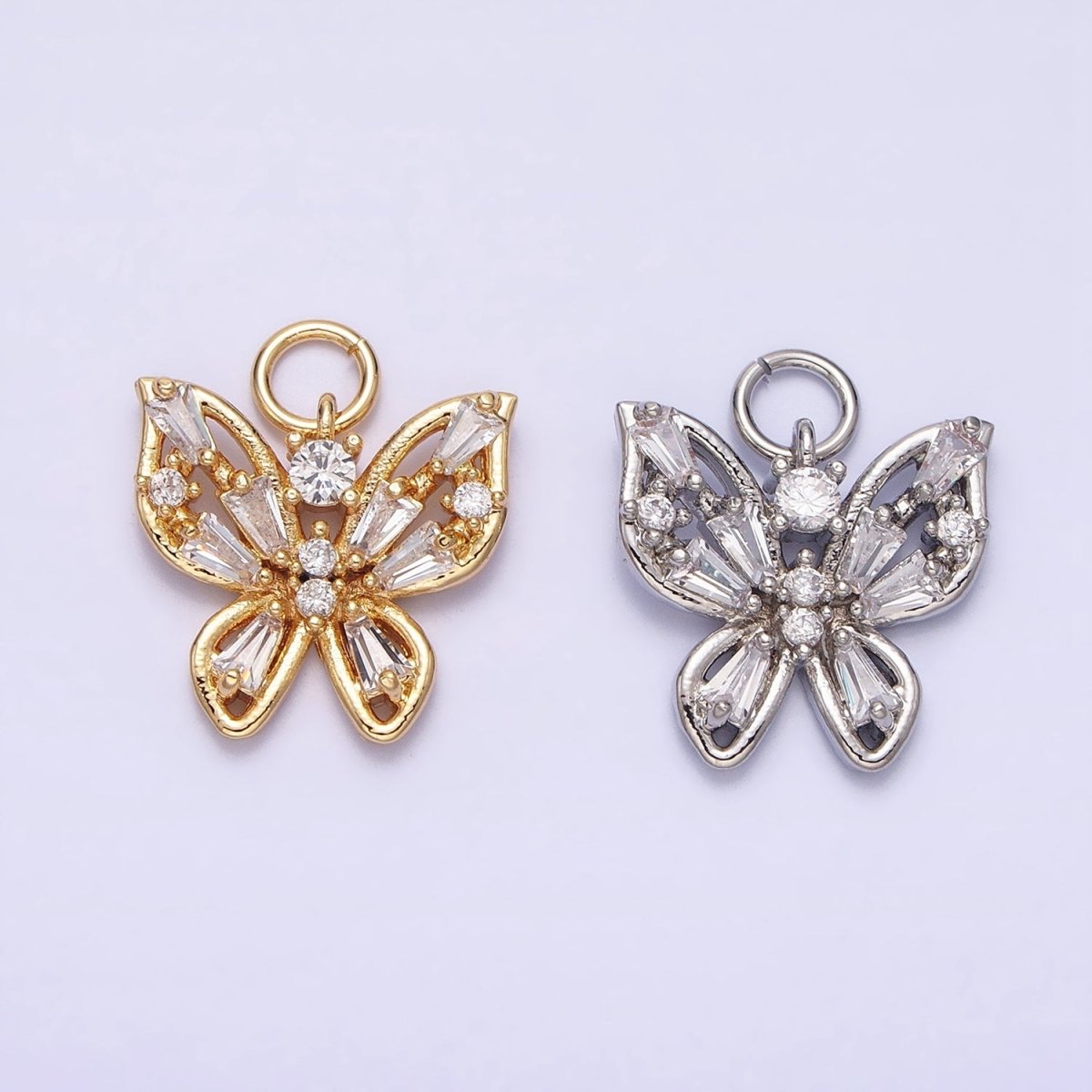 Mini Gold Butterfly Charm with CZ Baguette Stone Mariposa Animal Cubic Zirconia Pendant AC512 AC513