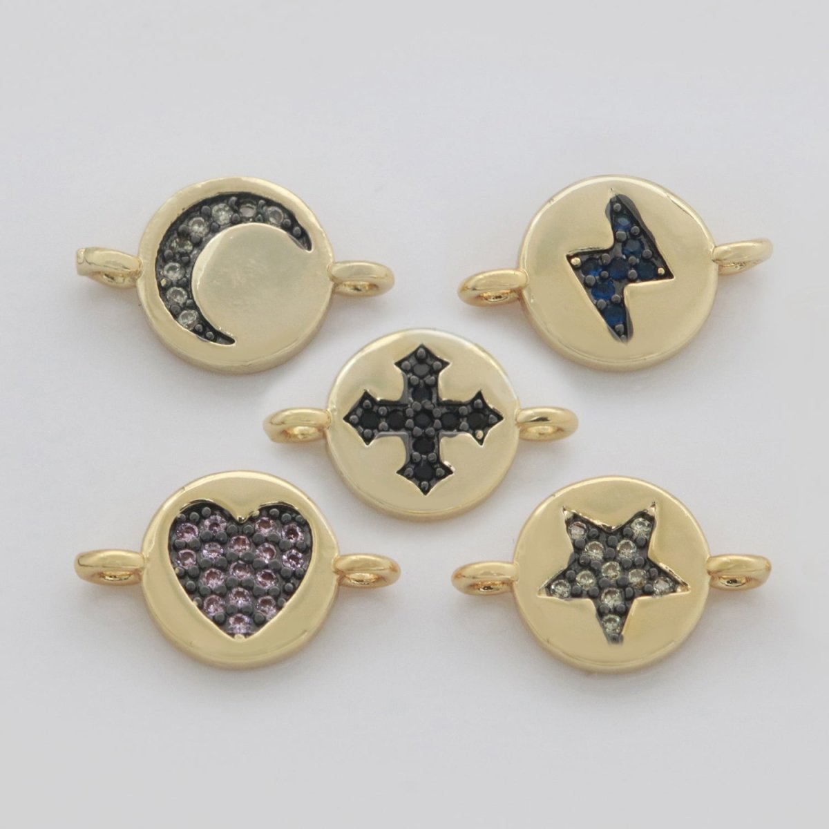Mini Gold Charm Connector Cubic Circle Cz Moon Star Cross Heart thunder Bolt Link Connector for Necklace Bracelet Earring Supply F-911~F-915