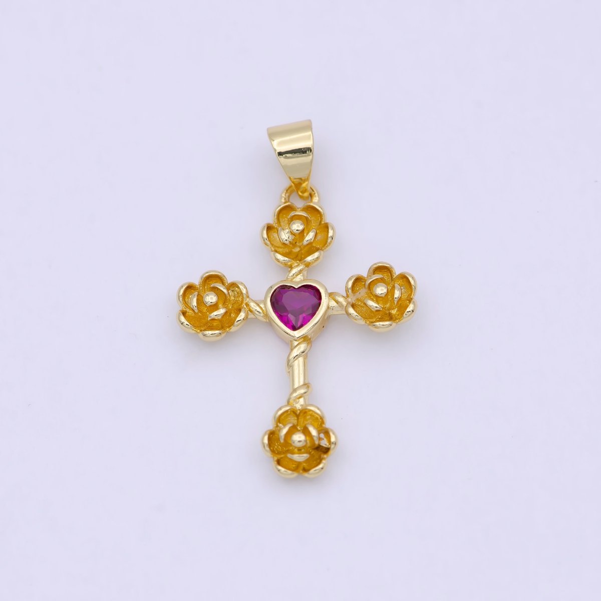 Mini Gold Cross Pendant Silver Rose Cross Charm with Pink Heart Stone N-590 N-591