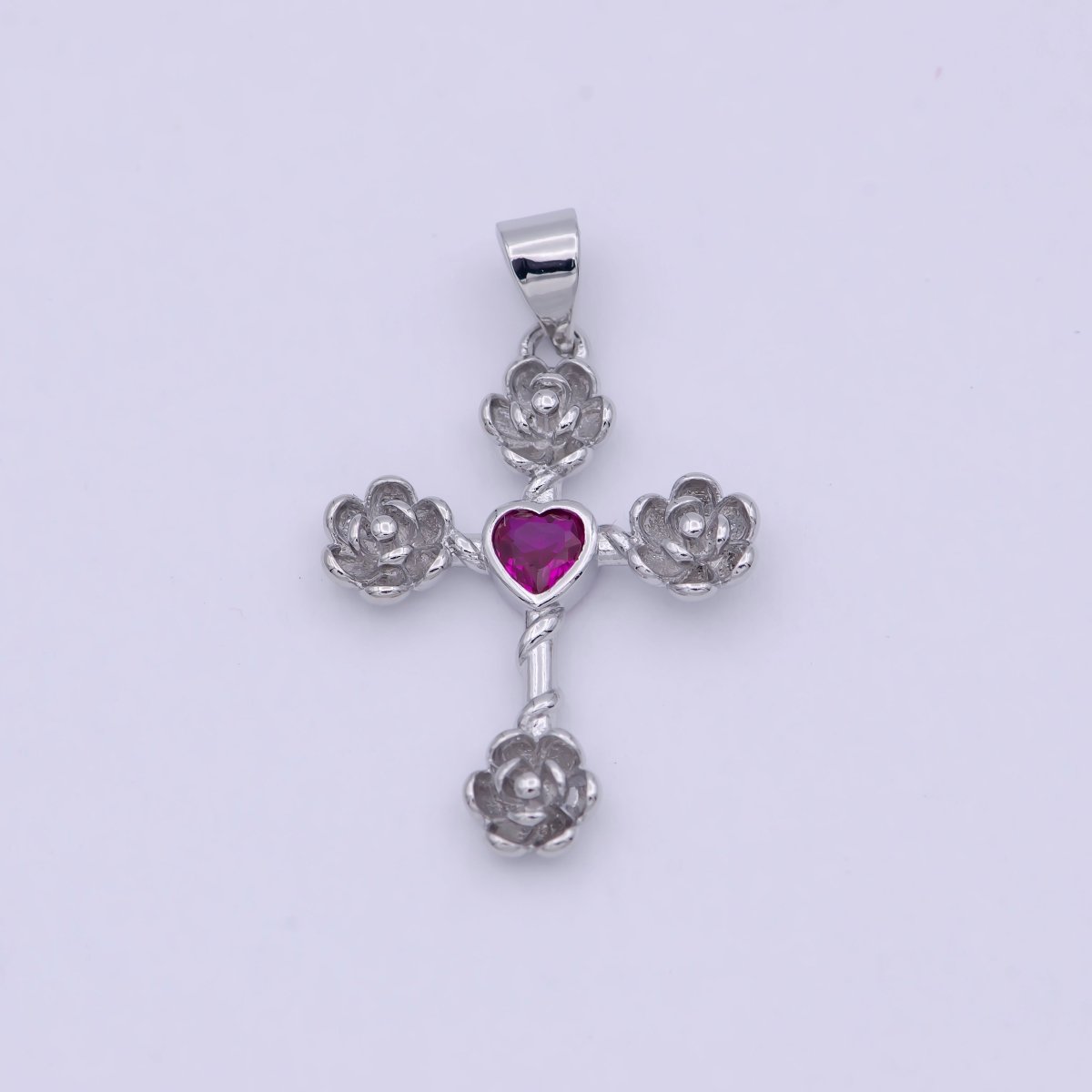 Mini Gold Cross Pendant Silver Rose Cross Charm with Pink Heart Stone N-590 N-591