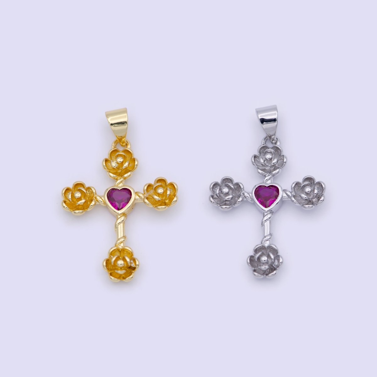 Mini Gold Cross Pendant Silver Rose Cross Charm with Pink Heart Stone N-590 N-591