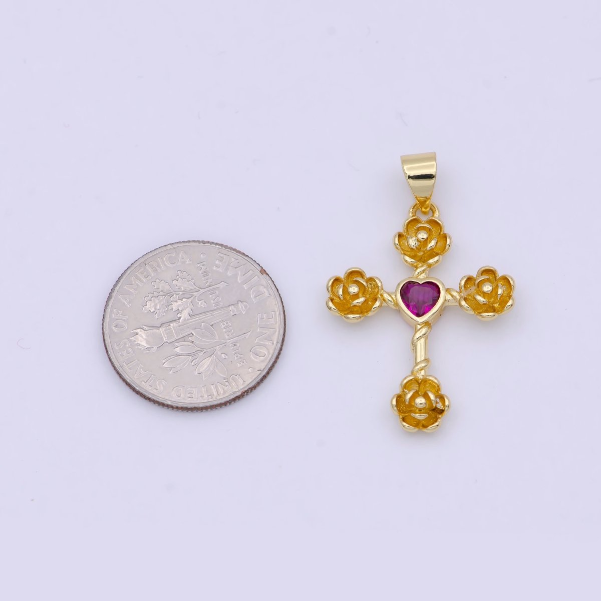 Mini Gold Cross Pendant Silver Rose Cross Charm with Pink Heart Stone N-590 N-591