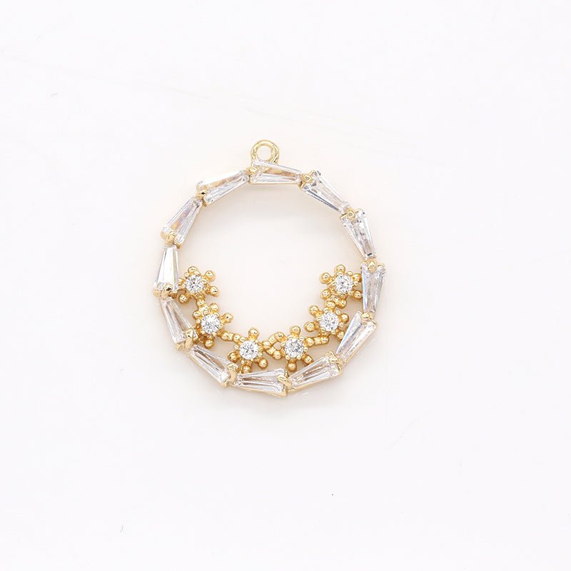 Mini Gold Crystal Flower in Crystal Circle Frame Charm CZ Floral Geometric Shape Charm Pendant GP-511