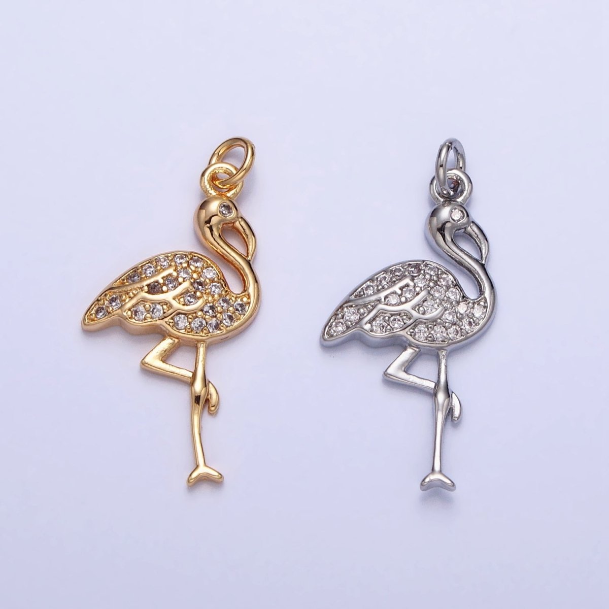 Mini Gold Flamingo Charm Silver Micro Pave Bird Zoo Pendant AC731 AC732