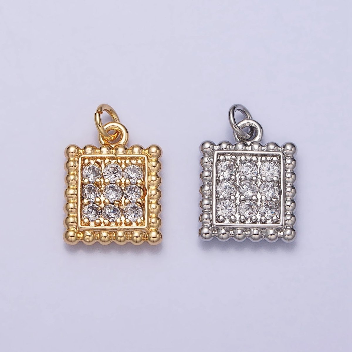 Mini Gold Square Charm Cubic Zirconia Silver Beaded Geometric Charm AC504 AC505