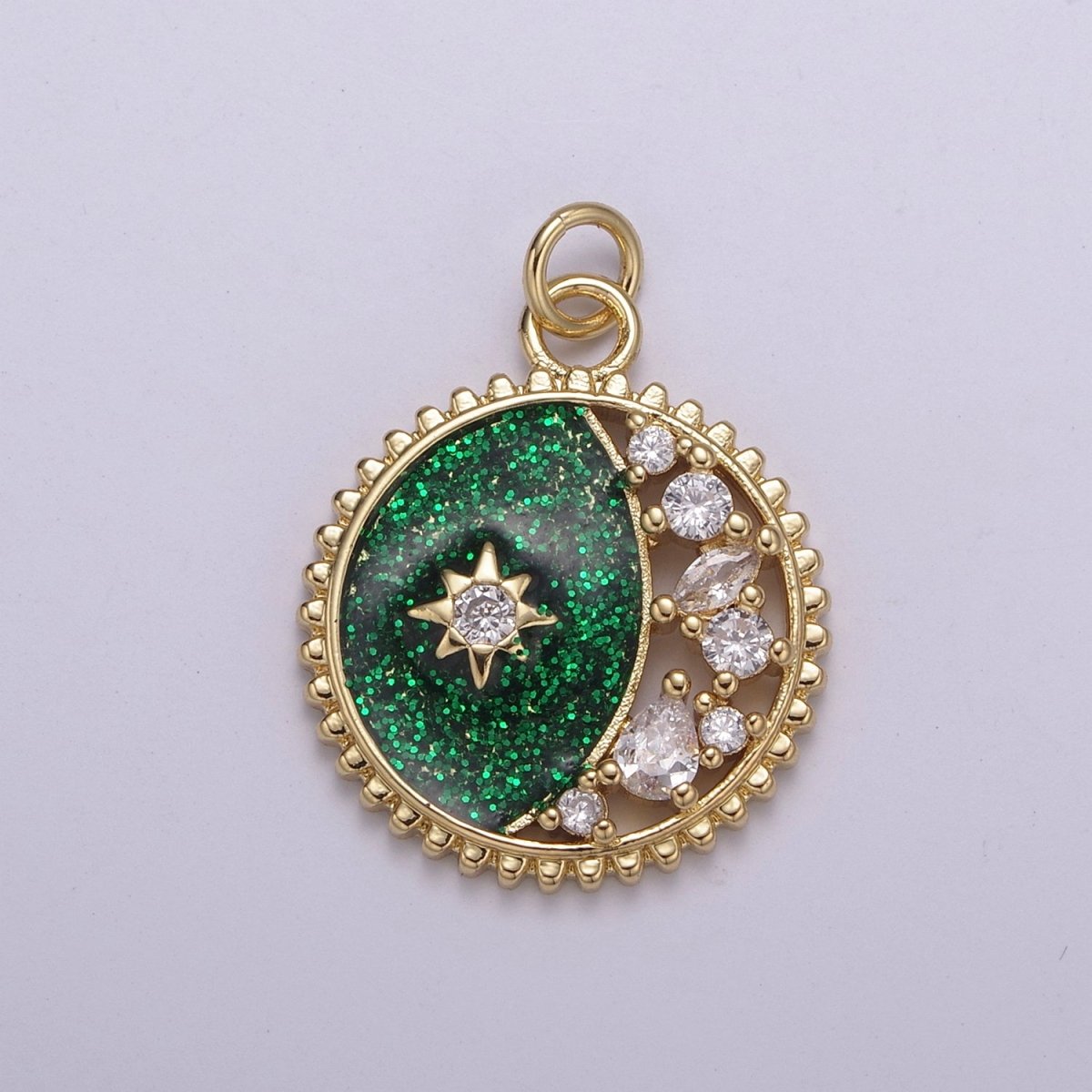 Mini Green Blue Celestial Charm Glitter Star Charm with Micro Pave Coin Cz Moon Charms Jewelry Supplies N-211 N-212