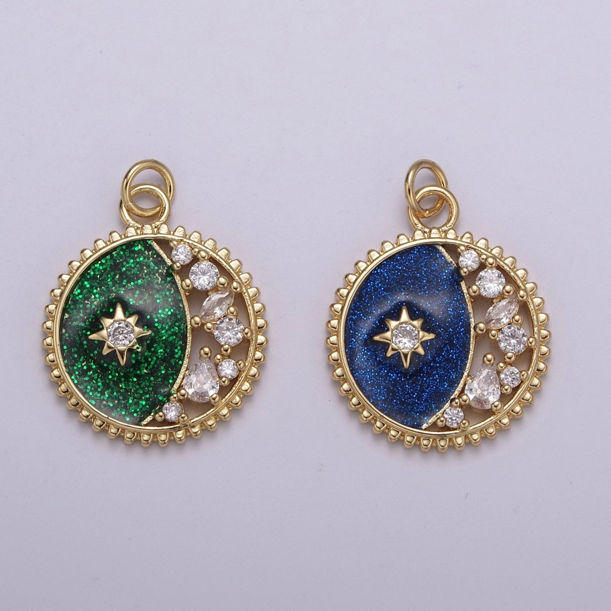 Mini Green Blue Celestial Charm Glitter Star Charm with Micro Pave Coin Cz Moon Charms Jewelry Supplies N-211 N-212