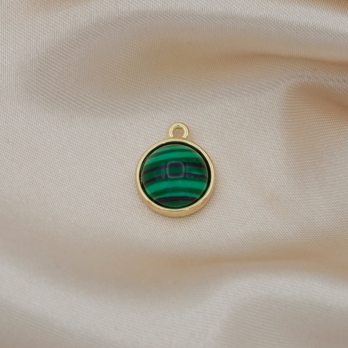 Mini Green Natural Stone Charm, Gold Plated Tiny Geometric Circle Round Charm Pendant GP-518 - DLUXCA