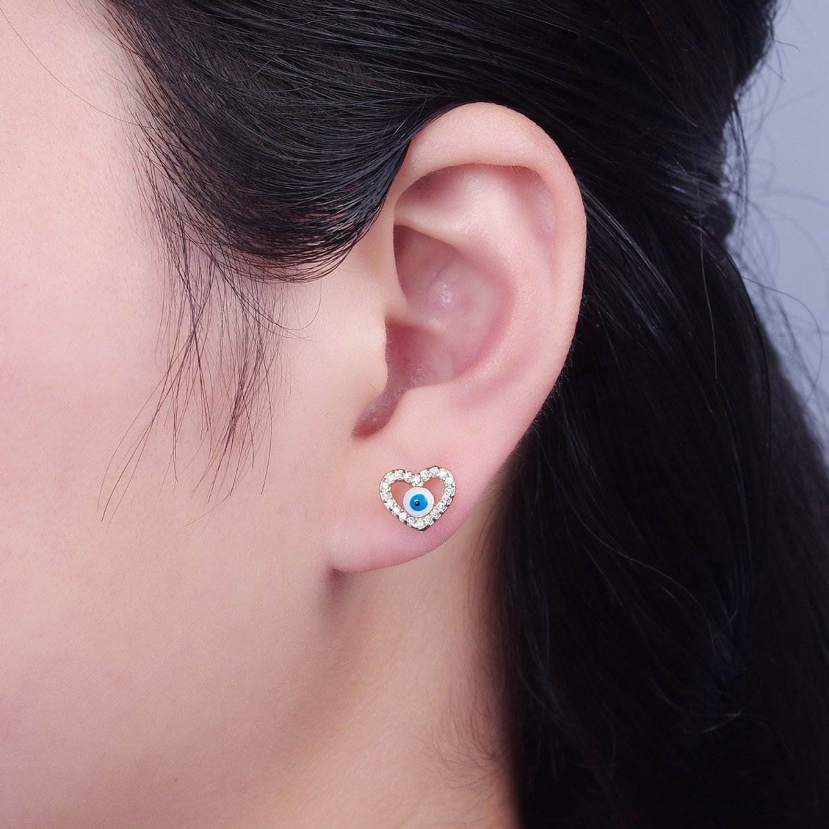 Mini Heart Stud Evil Eye Earring T-477