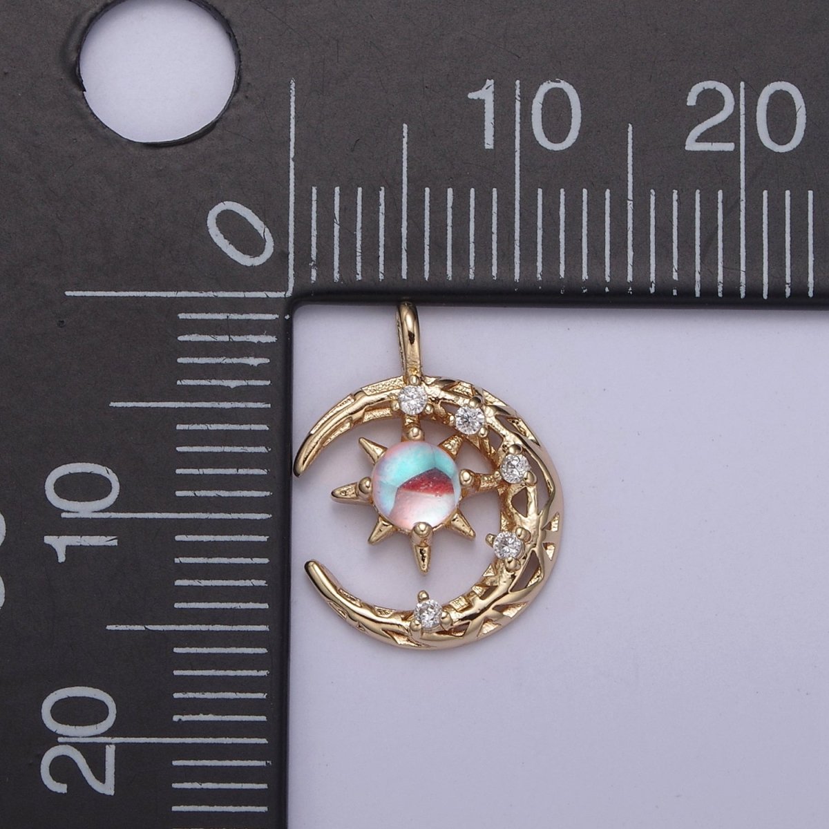 Mini Micro Pave Rainbow Moonstone Crescent Moon Pendant in 14k Gold Filled Celestial Jewelry June Birthstone N-704 - DLUXCA