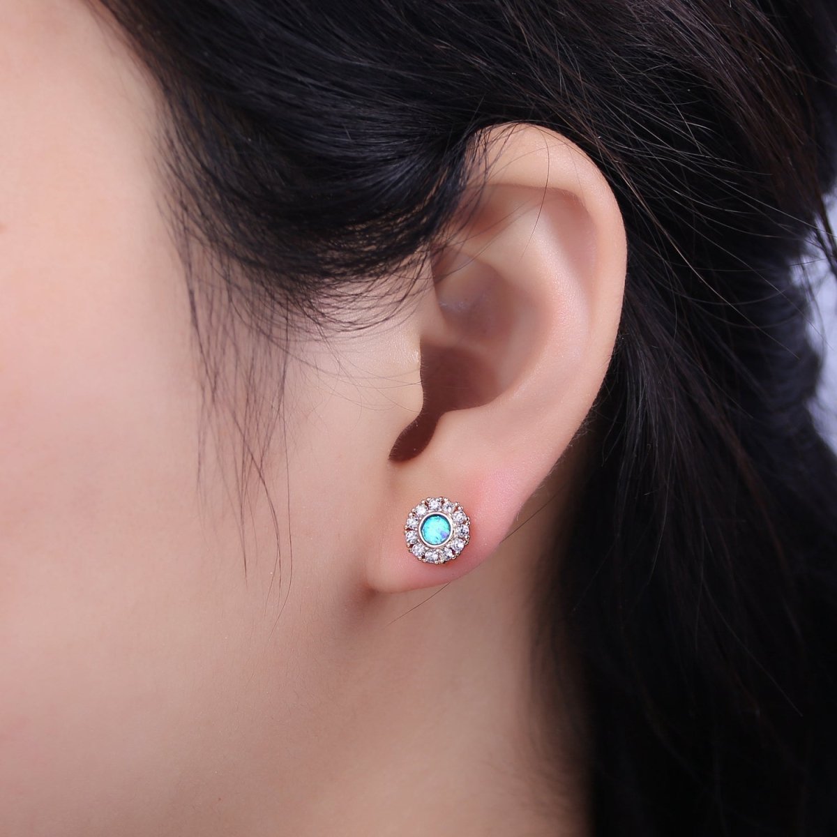 Mini Opal Floral Stud Earring Cartilage Earring, Gold Flower stud, dainty gold Minimalist Jewelry Pushback stud L-613