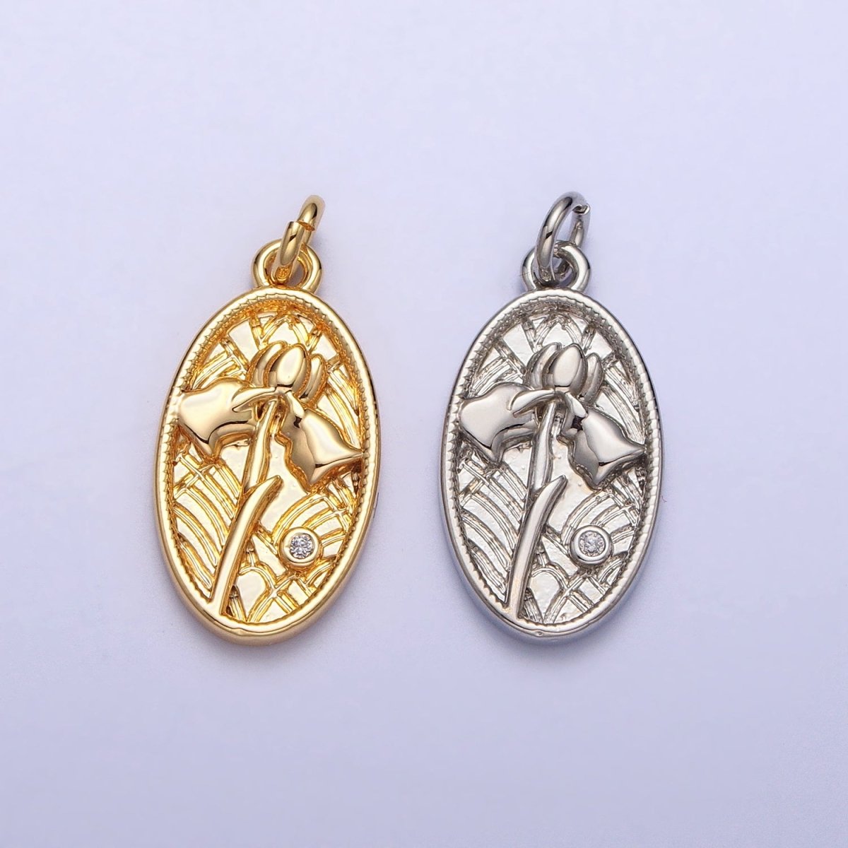 Mini Snowdrop January Birth Flower Textured Oval Charm in Gold & Silver | AC284 AC285
