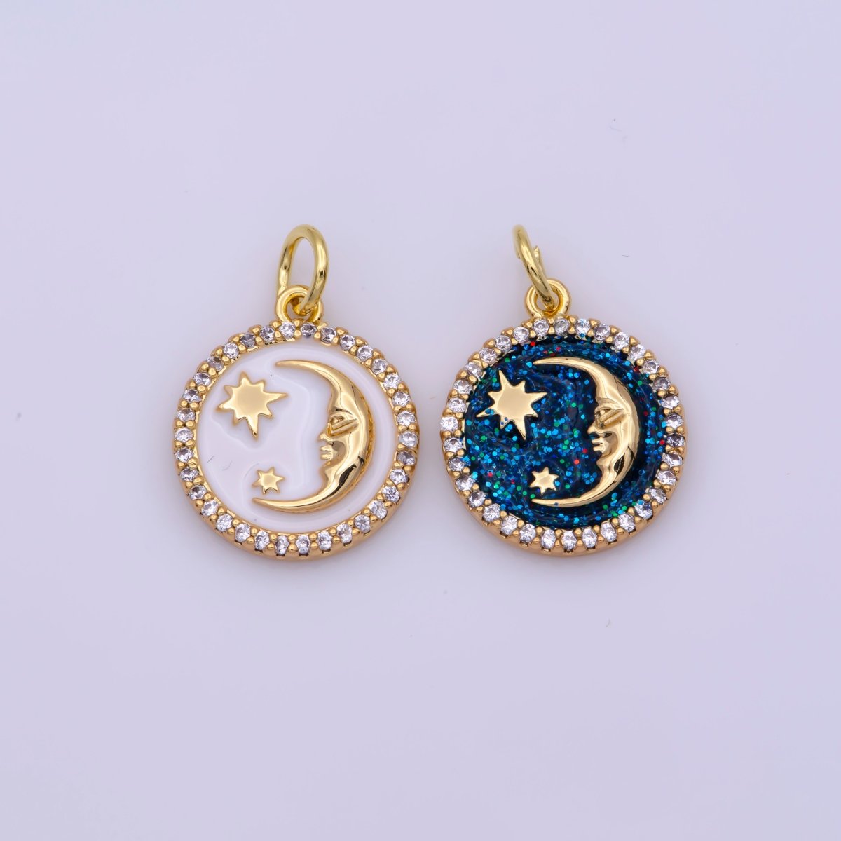 Mini White Blue Celestial Charm Enamel Moon and Star Charms with Micro Pave Coin Base Moon Charms Jewelry Supplies N-204 N-205
